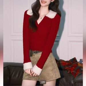 Red Cable-Knit Sweater with Faux Fur Collar
